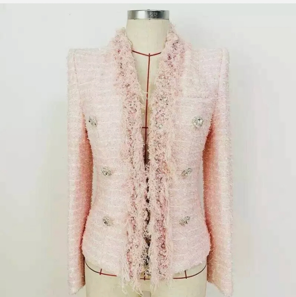 Chic Pink Tweed Jacket with Pearl Accents